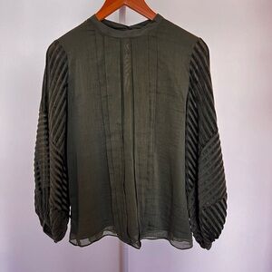 Massimo Dutti Olive Green Textured Balloon Sleeve Blouse